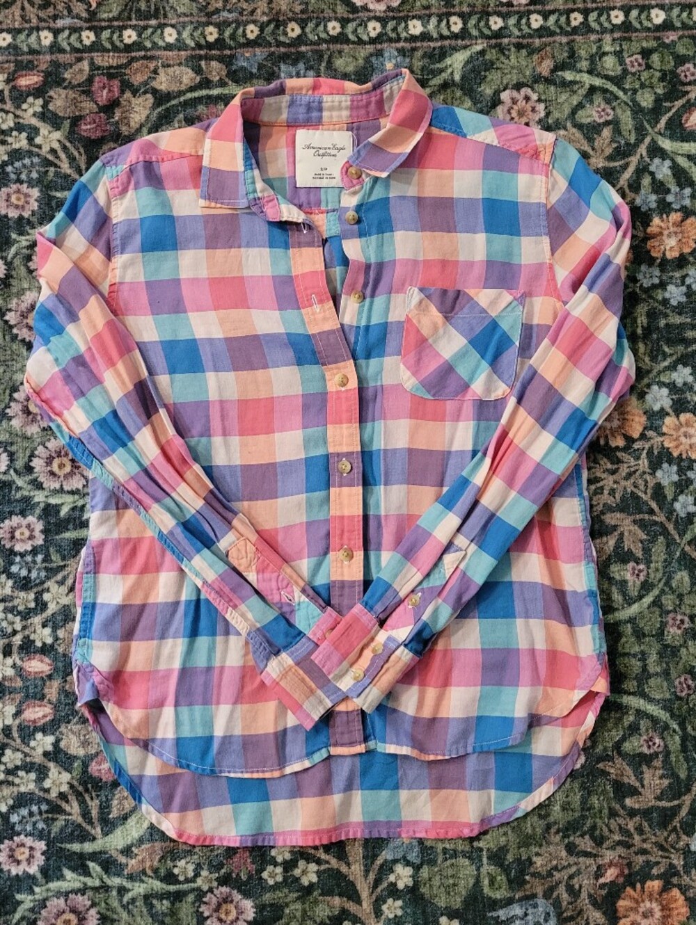 American Eagle Outfitters Pastel Plaid Button-Up Shirt — Pink Blue Purple Cream